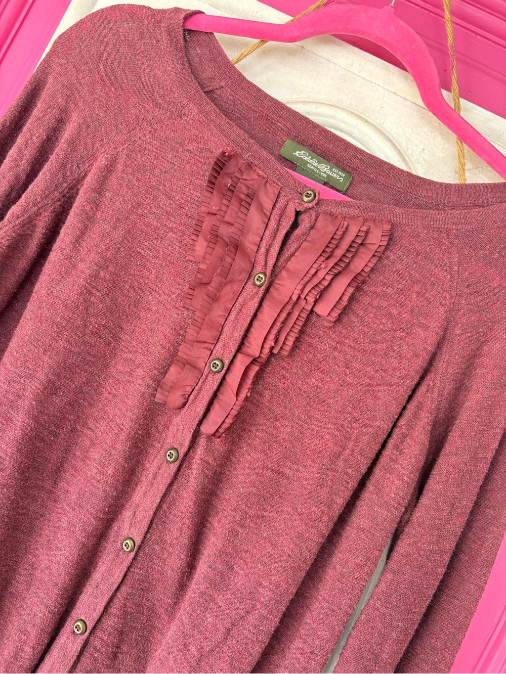 Eddie Bauer Ruffle-Front Cardigan in Raspberry Mix - Picture 2 of 4